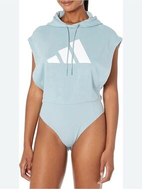 adidas women’s small Sportswear 3 bar leotard sleeveless hooded, blue gray